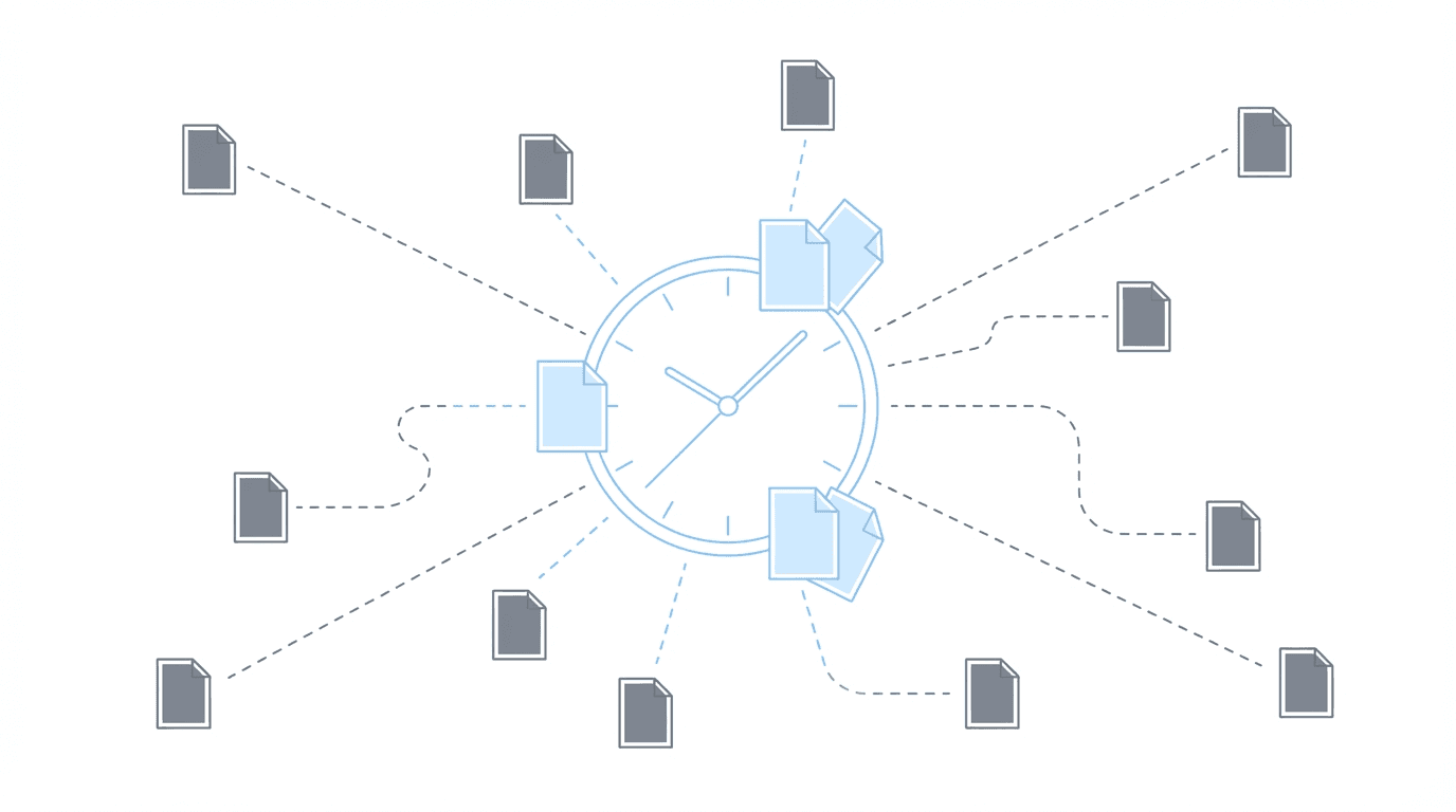 Clock with case files at varying distances representing delayed awareness