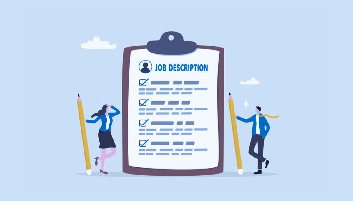 Illustration of a large job description document on a clipboard with two people holding oversized pencils, symbolizing how job descriptions are created and structured.