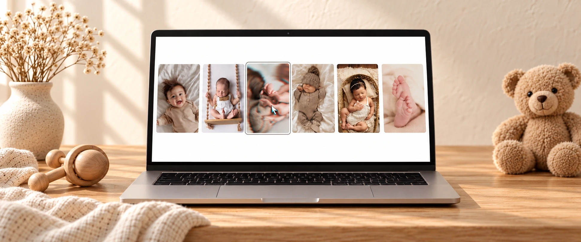 Laptop mit sechs Babyfotos und einem sichtbaren Wellen-Effekt, auf hellem Holz neben Rassel und Teddybär