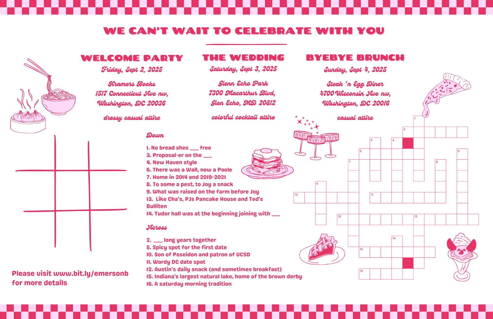 Joy & Austin's diner menu style wedding invite with tic tac toe and a crossword puzzle
