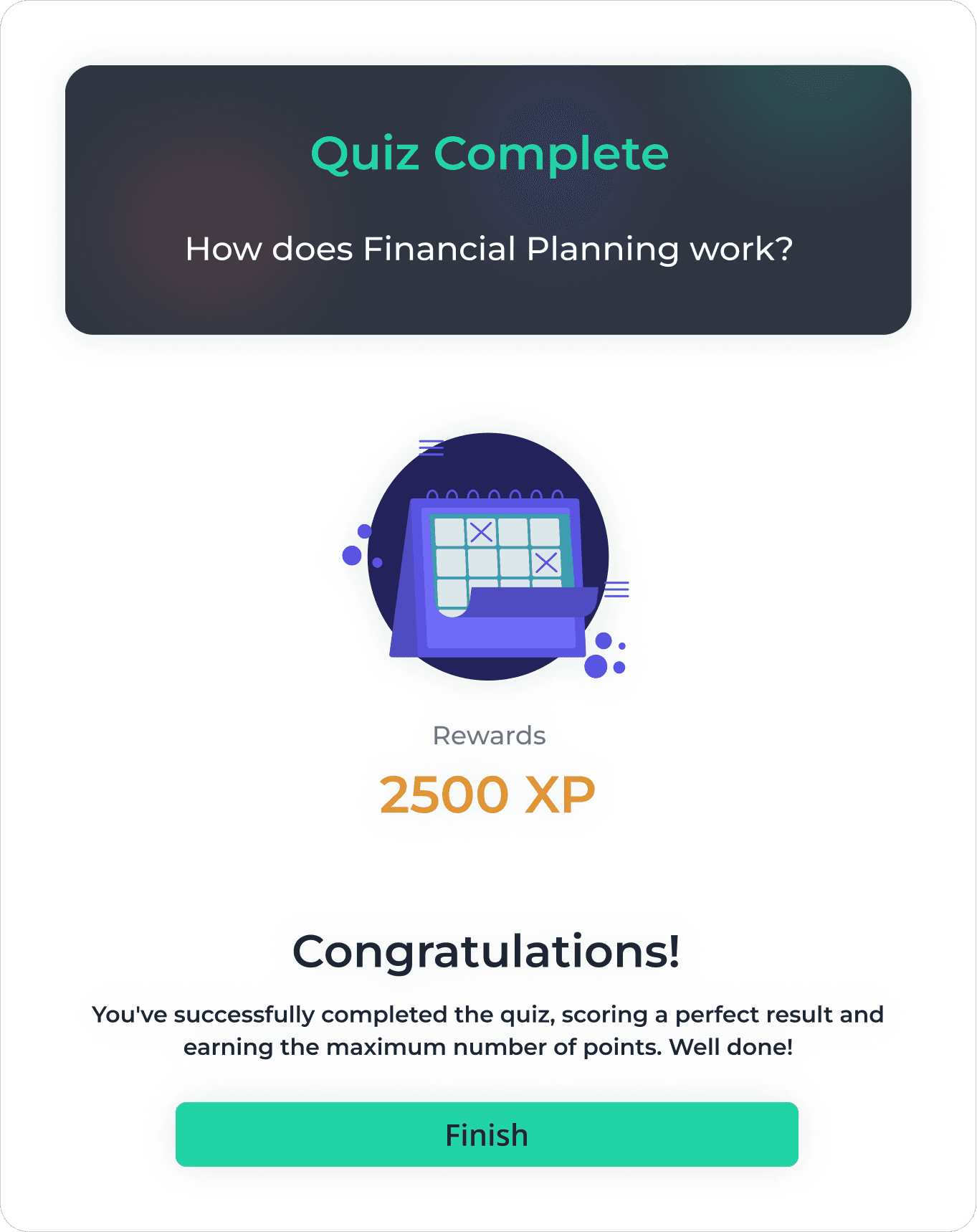 Screen showing that the quiz is completed, number of points and a congratulations message
