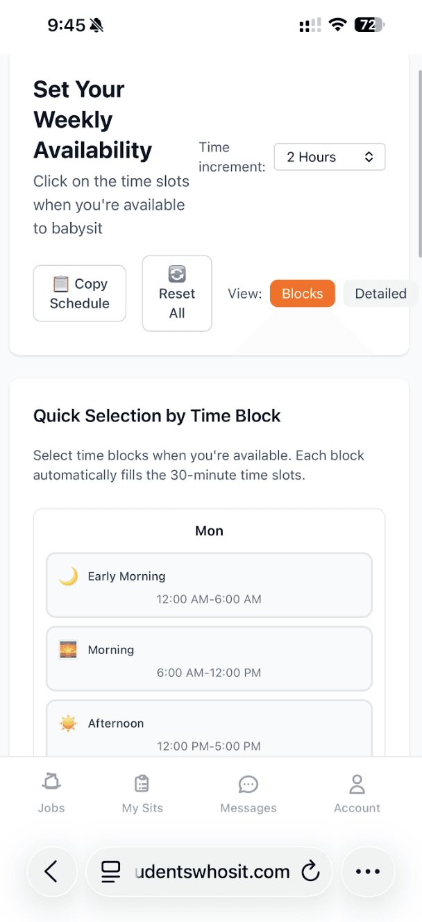 Set your weekly availability screen