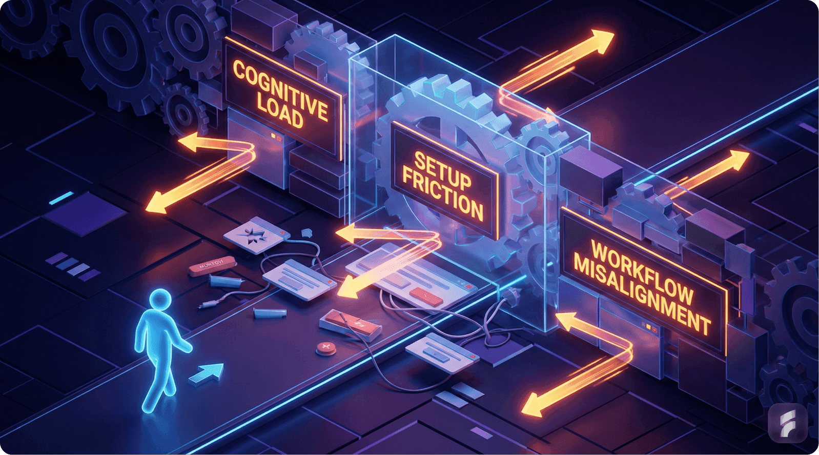 A 3D representation showing cognitive load, setup friction, and workflow misalignment as obstacles in a SaaS user's journey, with glowing arrows pointing to these challenges.
