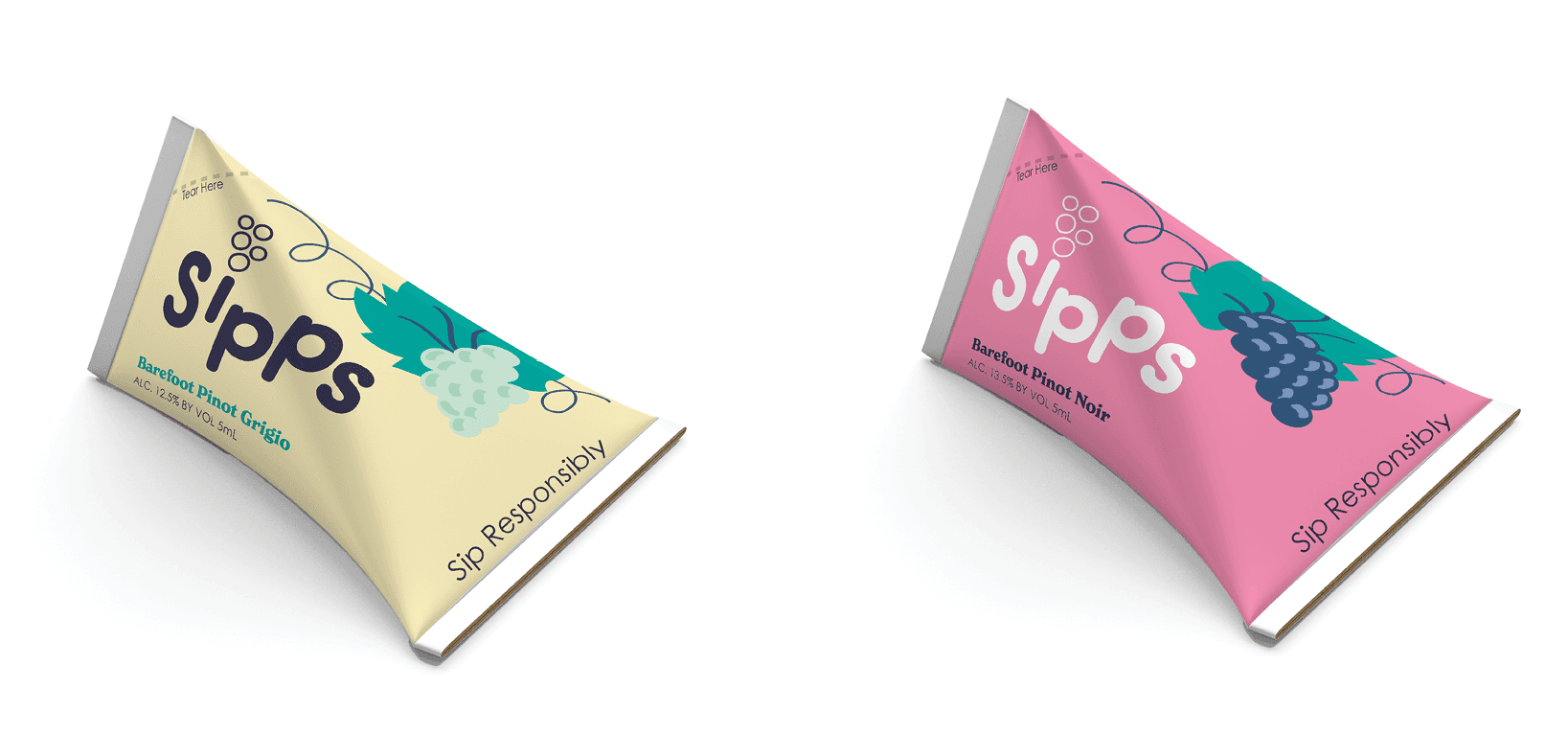 Sipps product packaging - Barefoot Pinot Grigio and Pinot Noir pouches