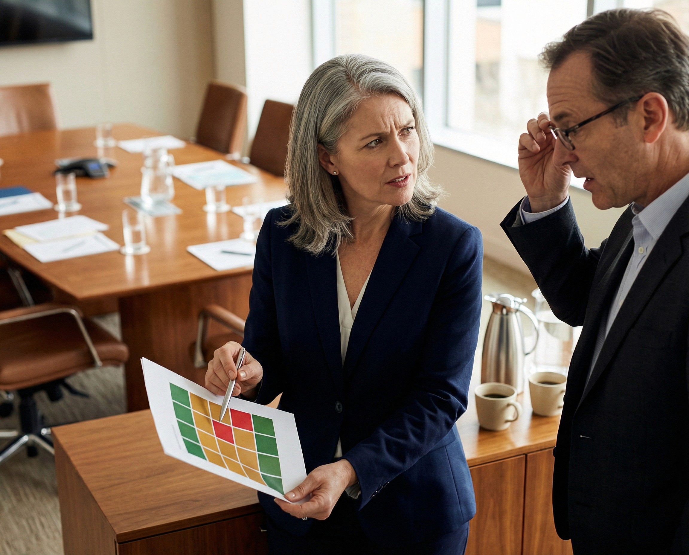 A non-executive director in her late 50s and a general counsel in his early 50s standing together at a sideboard in a boardroom during a break between agenda items. She is holding a printed controls summary — a single page showing a structured grid with risk categories down one side and control status indicators across each row, some green, some amber, two red — visible in pattern and colour but not legible. She is pointing at one of the red indicators with her pen while asking him a question, her expression sharp and specific