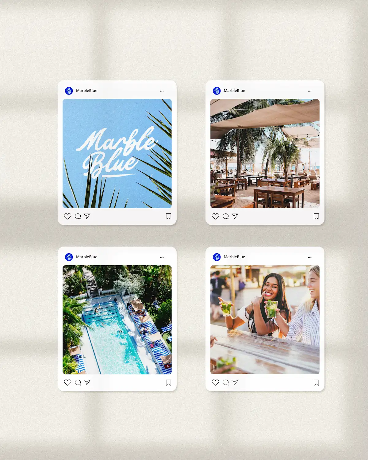 Mosaïque de quatre posts Instagram Marble Blue : logo sur fond bleu, terrasse en bois et palmiers, vue aérienne de la piscine, deux femmes trinquant avec des mojitos.