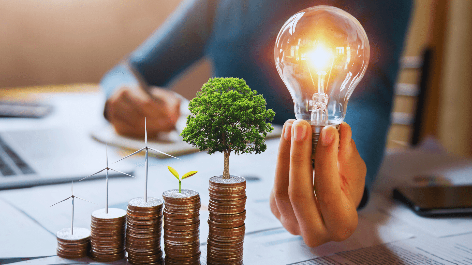 The shiny light bulb held in hand and the symbols of a tree and wind turbine growing on coins represent green investment and energy efficiency.