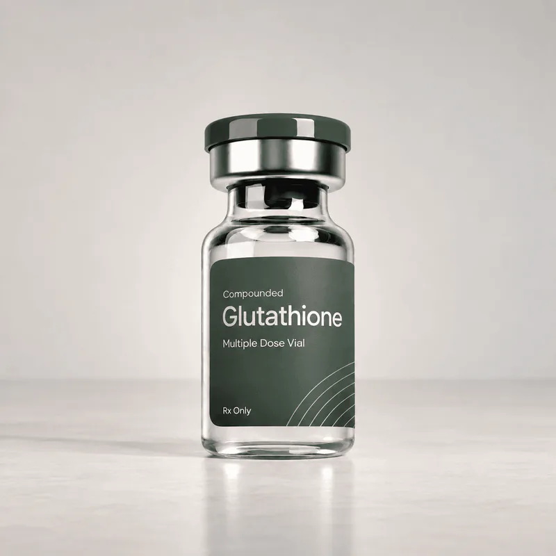 Vial labelled Compounded Glutathione, Multiple Dose Vial, Rx Only, on a pale studio surface
