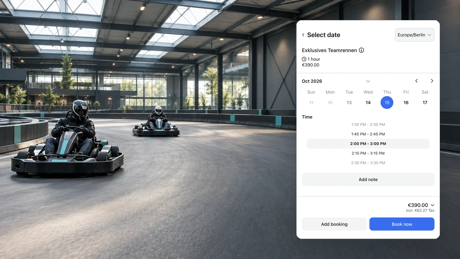 Real anny booking at fictional Kurvenwerk Kart in the week of October 15, 2–3 PM, for €390 per group
