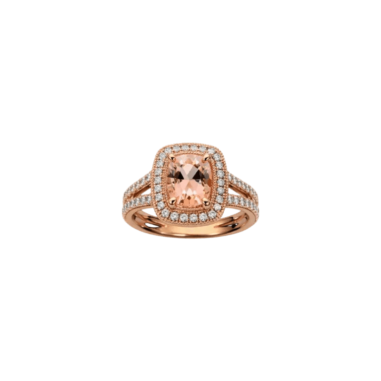 Rose gold ring with a pink gemstone and diamond accents on a white background