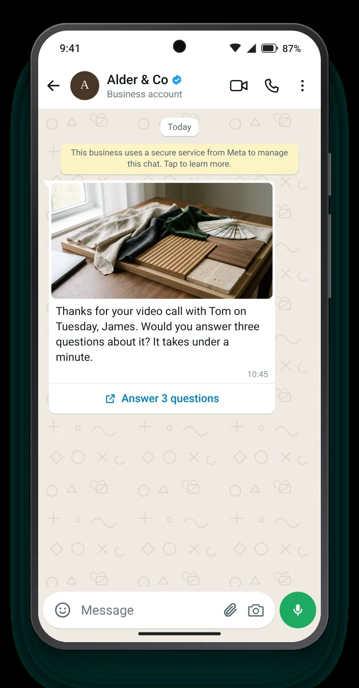 A short form after a consultation: WhatsApp feedback message on an Android phone