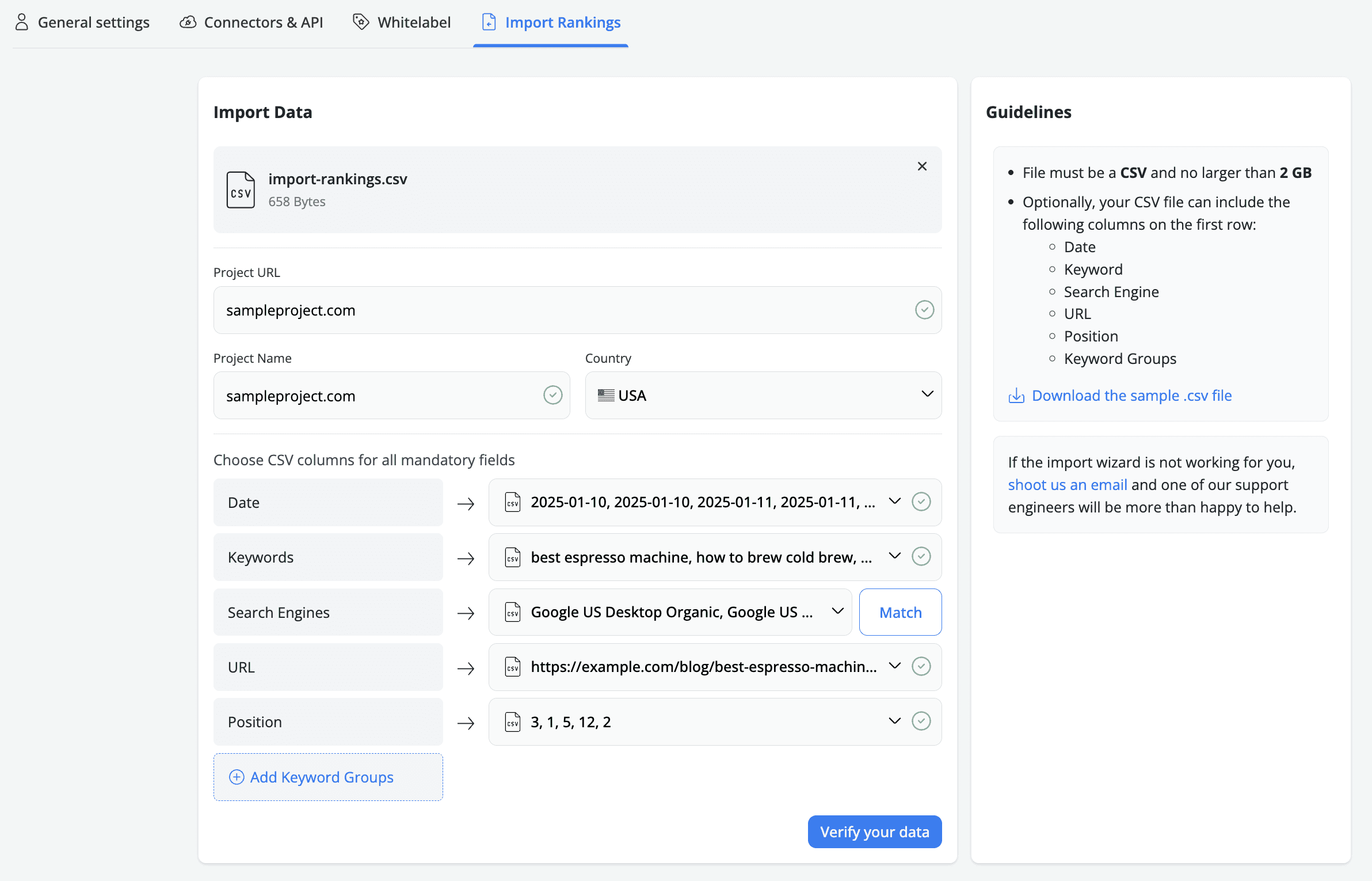 Advanced Web Ranking Import Rankings UI
