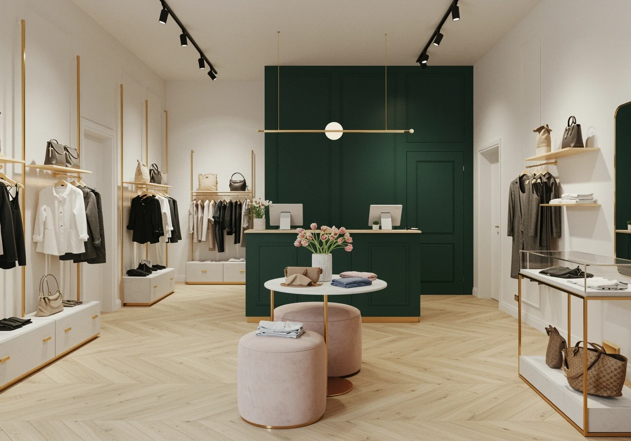Sophisticated retail boutique with white walls, emerald accent wall, and minimalist fixtures