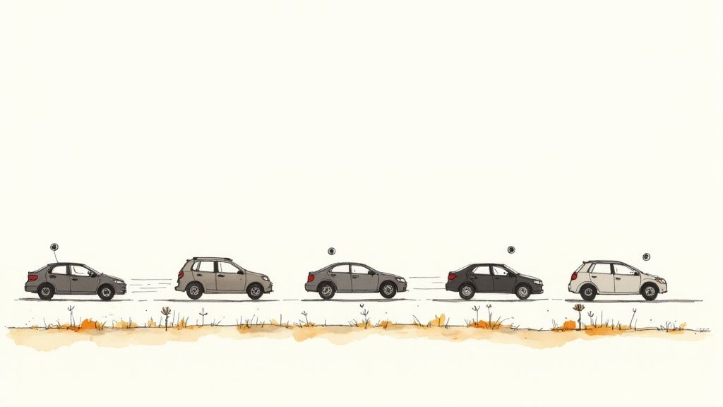 An illustration of five cars in a line, with small dots above each, representing social media reach.