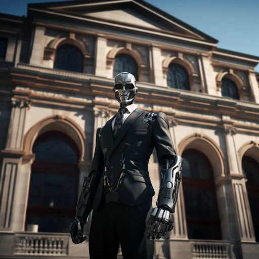 A robot in a suit with a cybernetic head and exposed mechanical parts, standing before a classical building.
