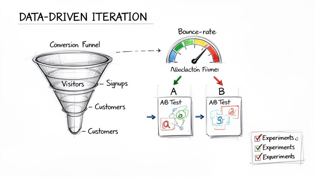 Diagram illustrating data-driven iteration with a conversion funnel, bounce rate meter, and A/B testing experiments.