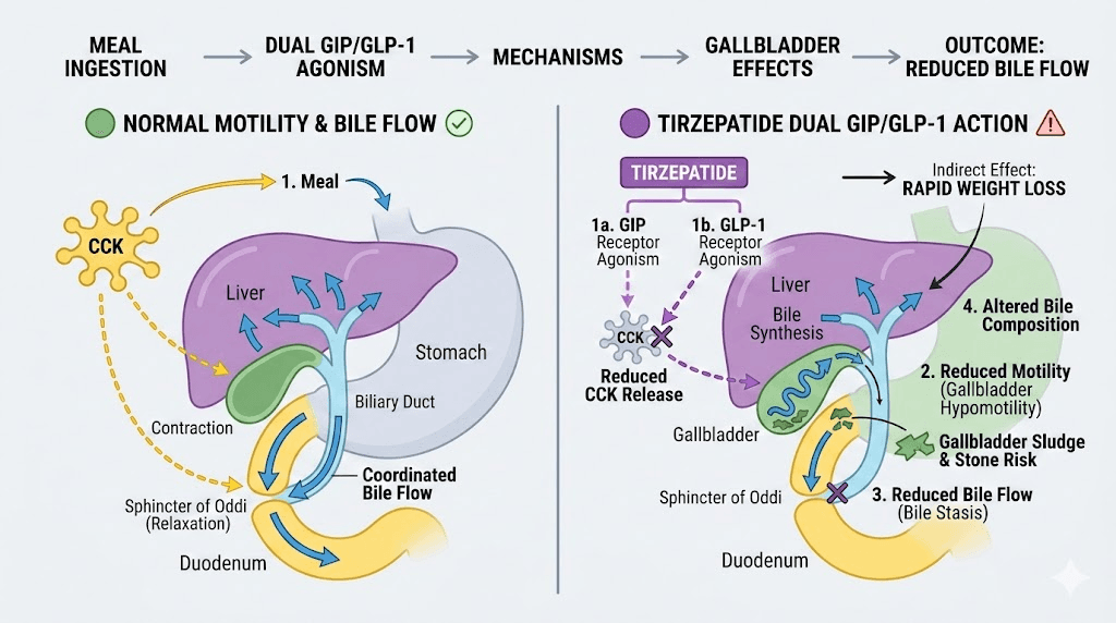How tirzepatide affects gallbladder motility through GLP-1 and GIP receptor activation