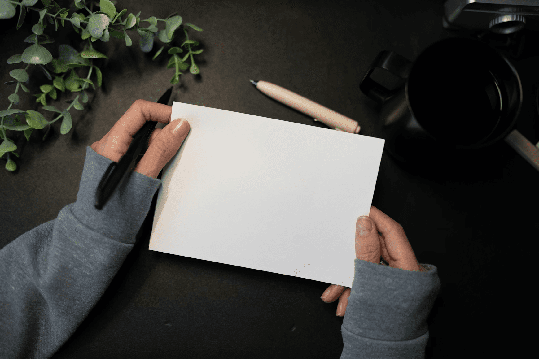 Hands holding blank card with pen and plant
