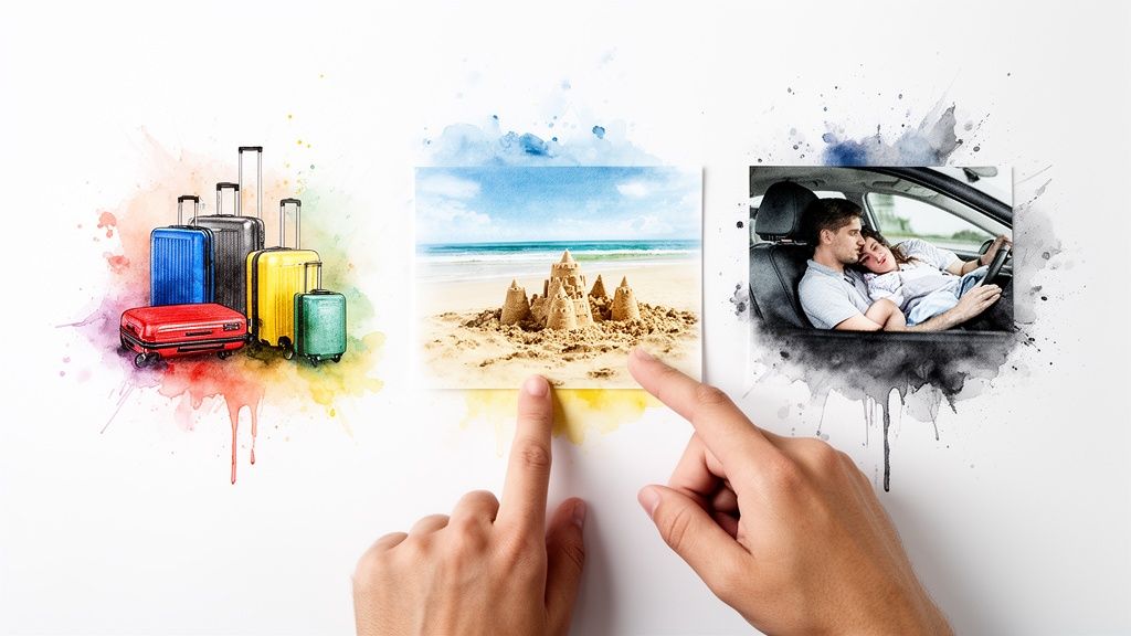 Hands touch watercolor art showing travel memories: colorful suitcases, a beach sandcastle, and a couple in a car.
