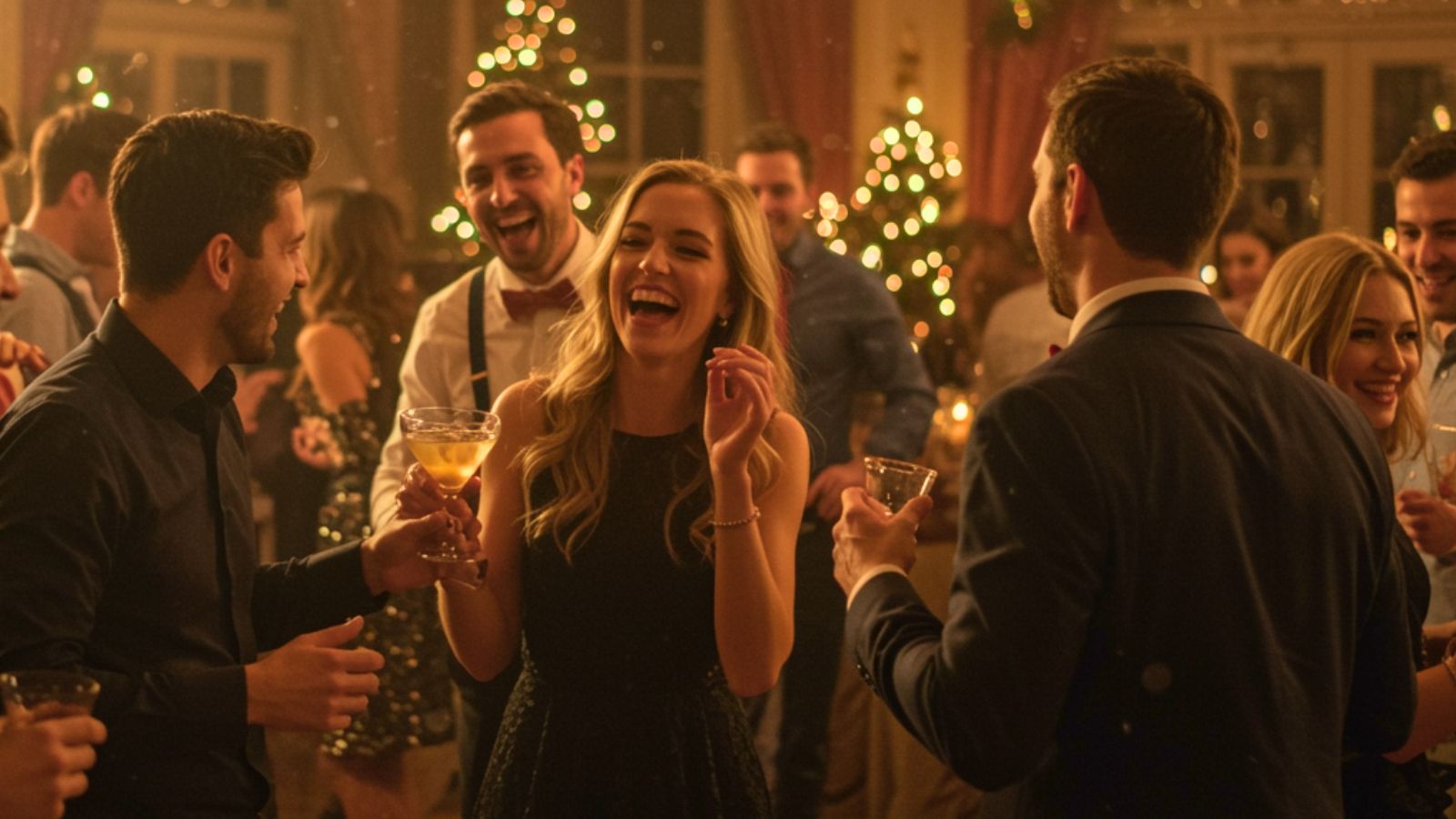 Colleagues and friends dancing together at a stylish Christmas party venue in Muskoka, surrounded by elegant holiday décor, sparkling lights, and a beautifully decorated evergreen tree