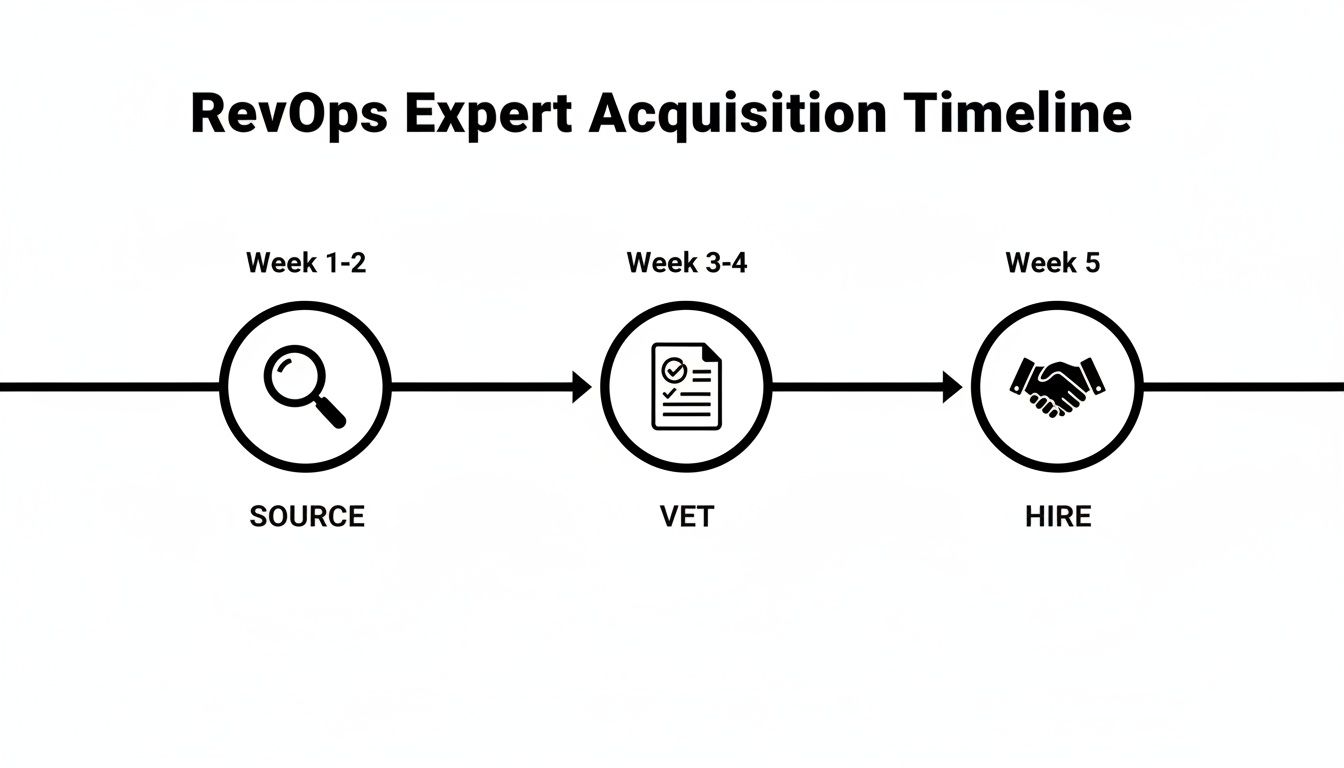Timeline detailing the 5-week acquisition process for a RevOps expert, from sourcing to hiring.