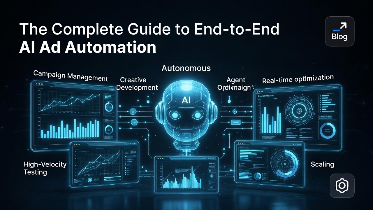 Futuristic illustration of an agentic AI system managing end-to-end AI ad automation, showing the full campaign workflow from strategy and creative development through autonomous testing, real-time optimization, and performance scaling on multiple glowing screens.