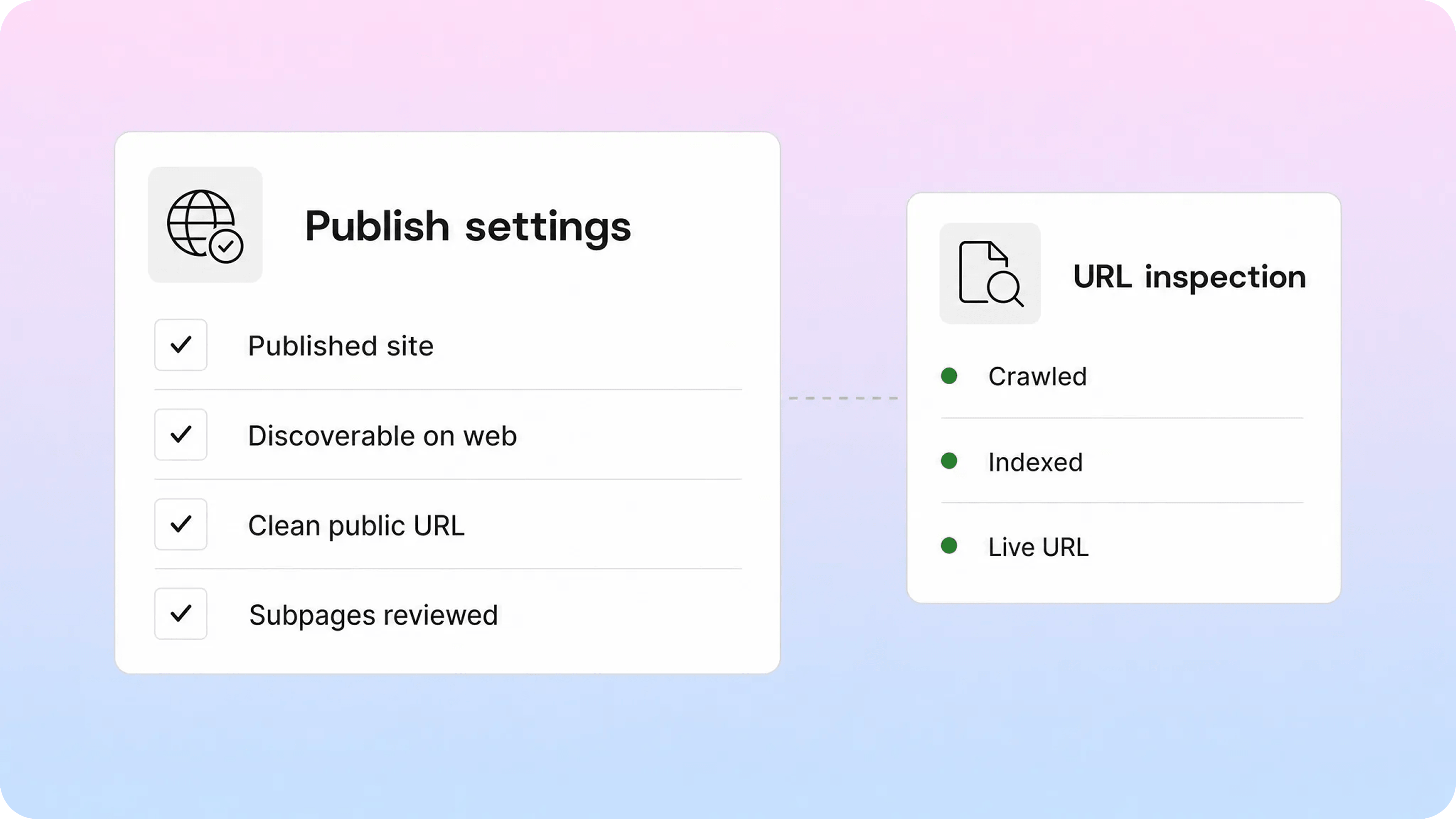 Notion publish settings and Google URL inspection checklist for indexing public pages