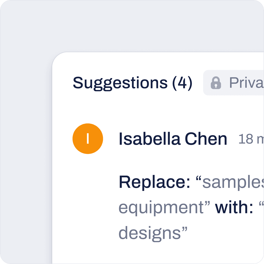 Suggestion panel showing feedback from Isabella Chen recommending a text replacement in a document.