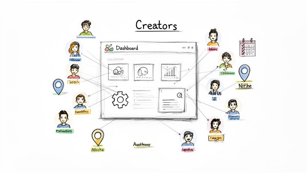 A hand-drawn diagram illustrating various creators connected to a central dashboard with features and niches.
