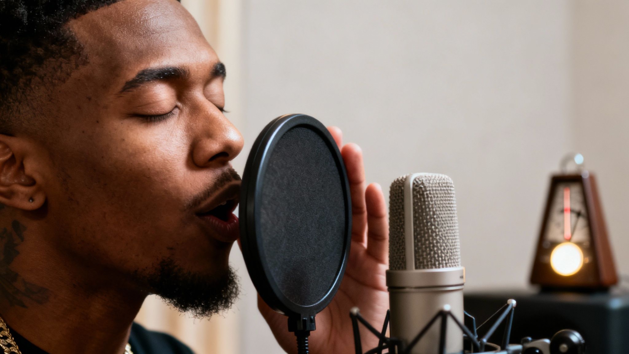 A person passionately rapping into a studio microphone, capturing the energy of creating music.