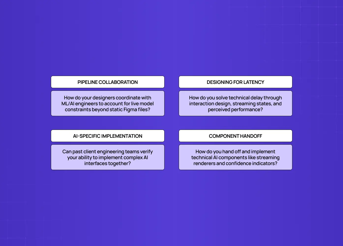 Slide focused on technical collaboration, covering pipeline collaboration, designing for latency, AI-specific implementation, and component handoff.