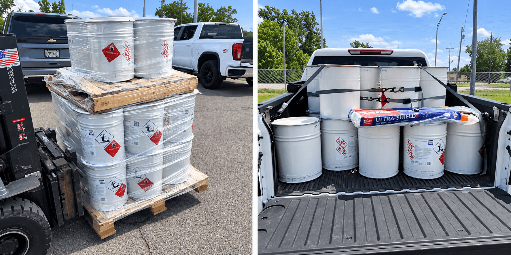 Hazard-labeled freight containers secured on pallets and loaded into a pickup truck for transportation.