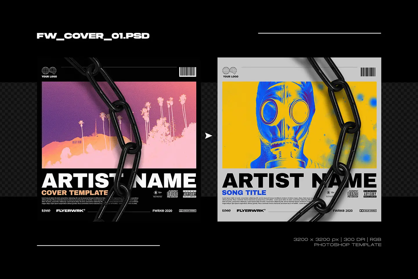 Cover design templates volume one showing a gas mask graphic and pink palm tree sunset