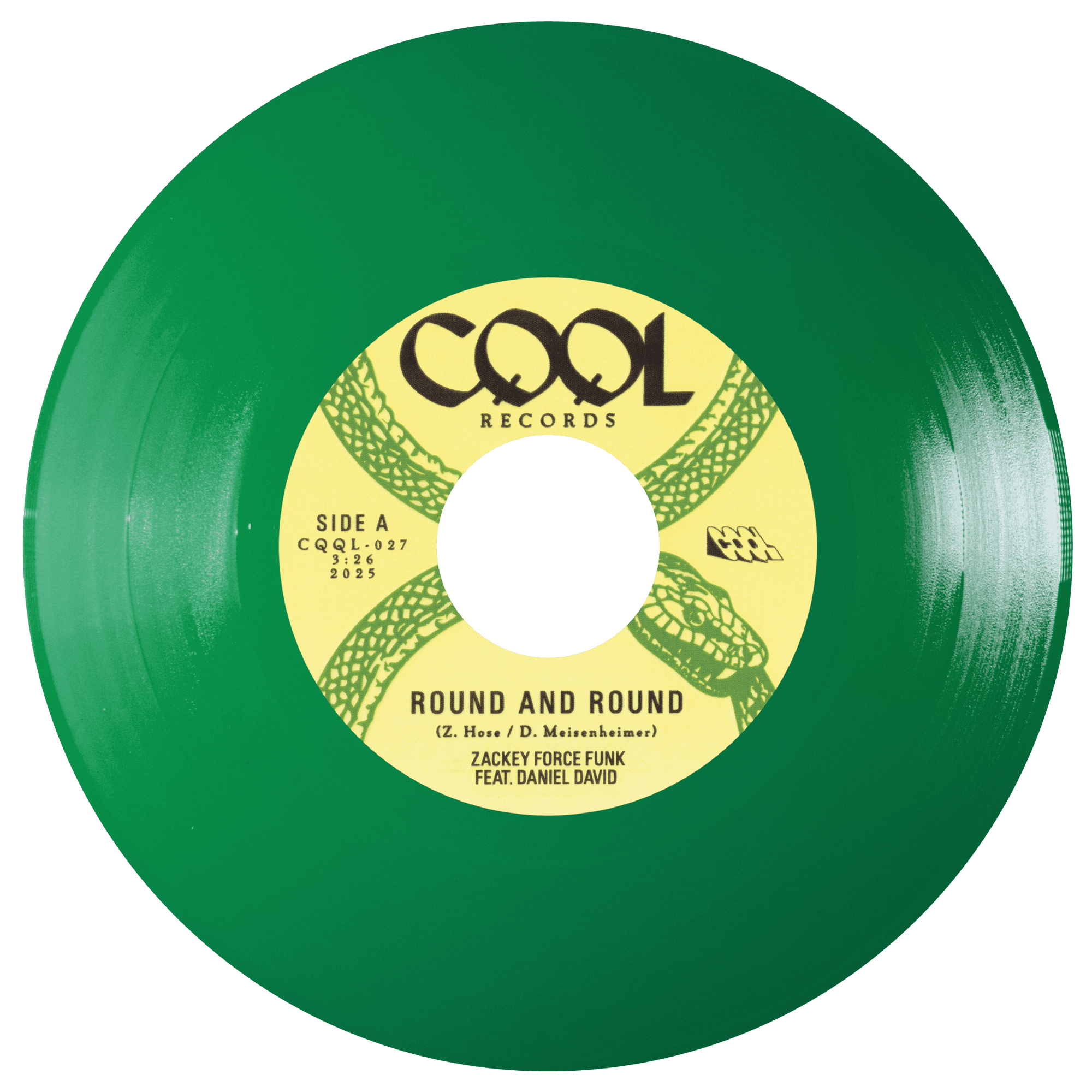 Green vinyl record with yellow label featuring 'CQQL Records' on a white background