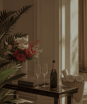 Modern kitchen with a wooden dining table, white chairs, and a hanging light fixture above.