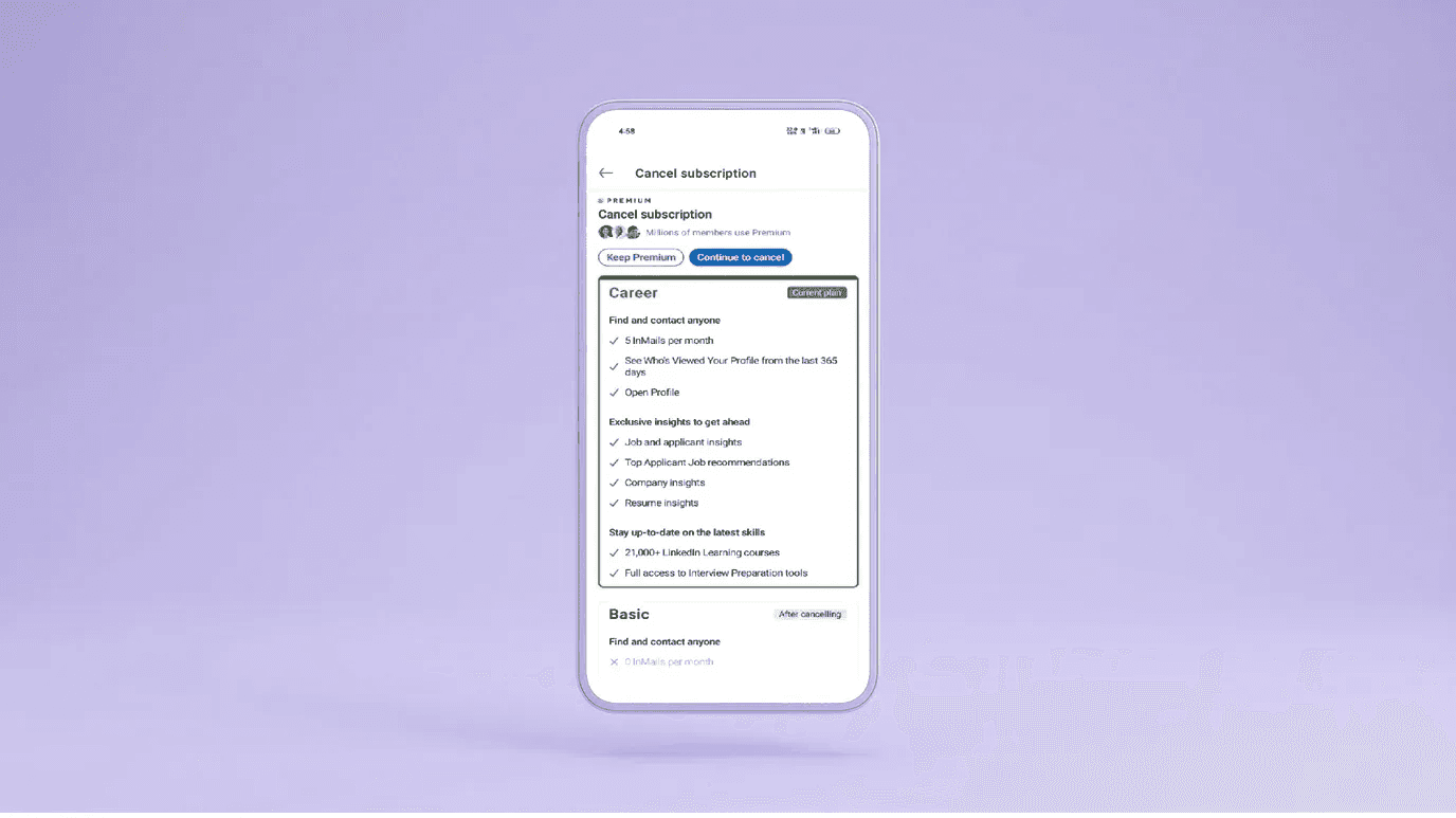 A phone interface displaying LinkedIn premium's cancellation page on an android device