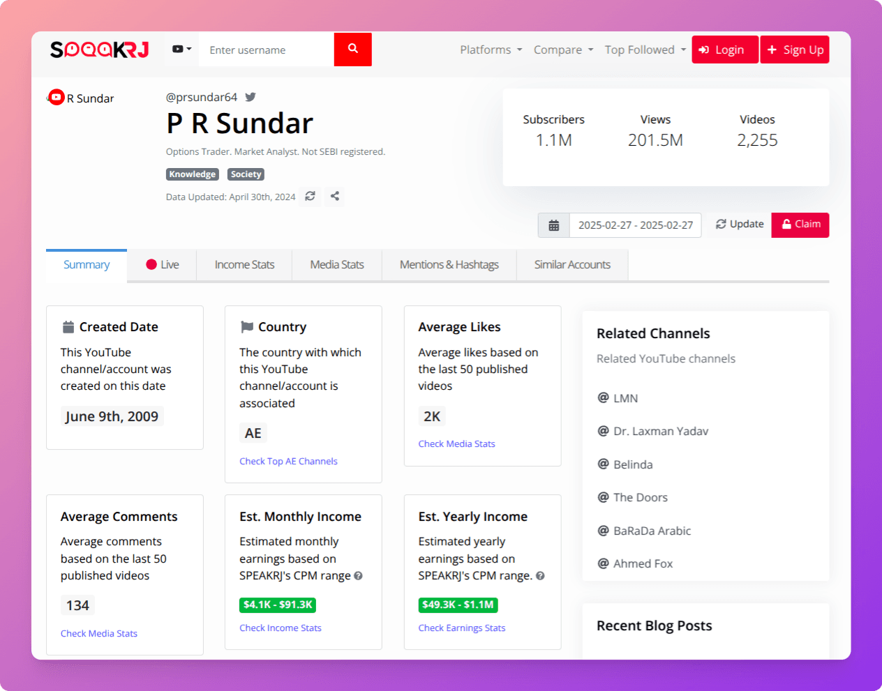 PR Sundar YouTube Income