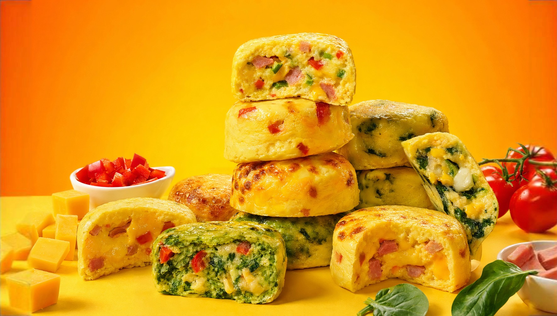 Stacked high-protein egg bites with bacon, cheddar, spinach, and red pepper fillings on a yellow background