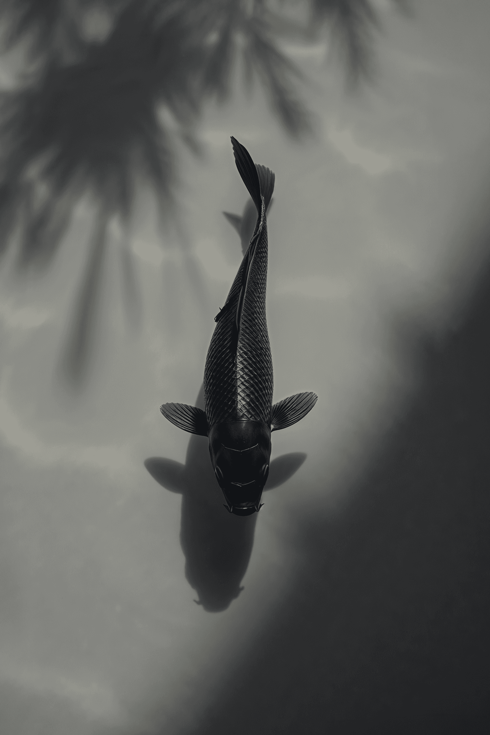 Monochromatic image of a black carp floating in the water.