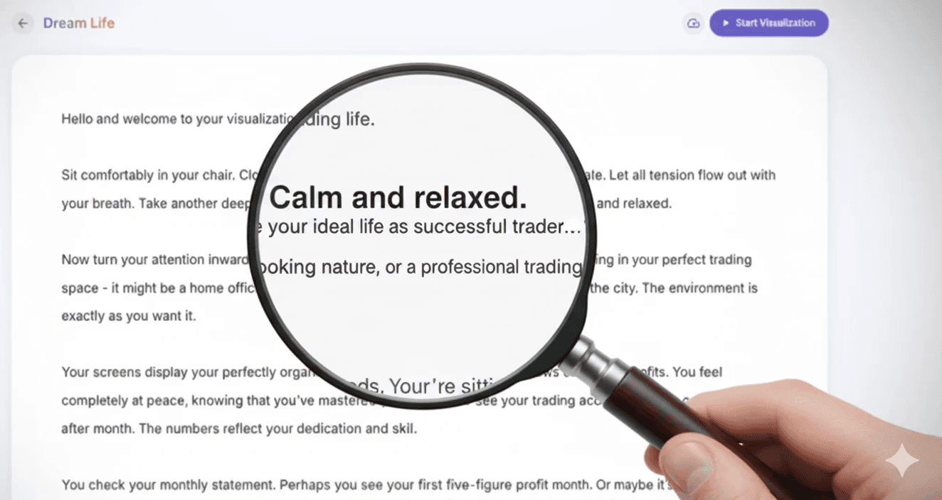 A magnifying glass held over a computer screen showing the 'Guided Visualization' section of the TradeStats app, which contains text prompts for a guided meditation to visualize trading success.