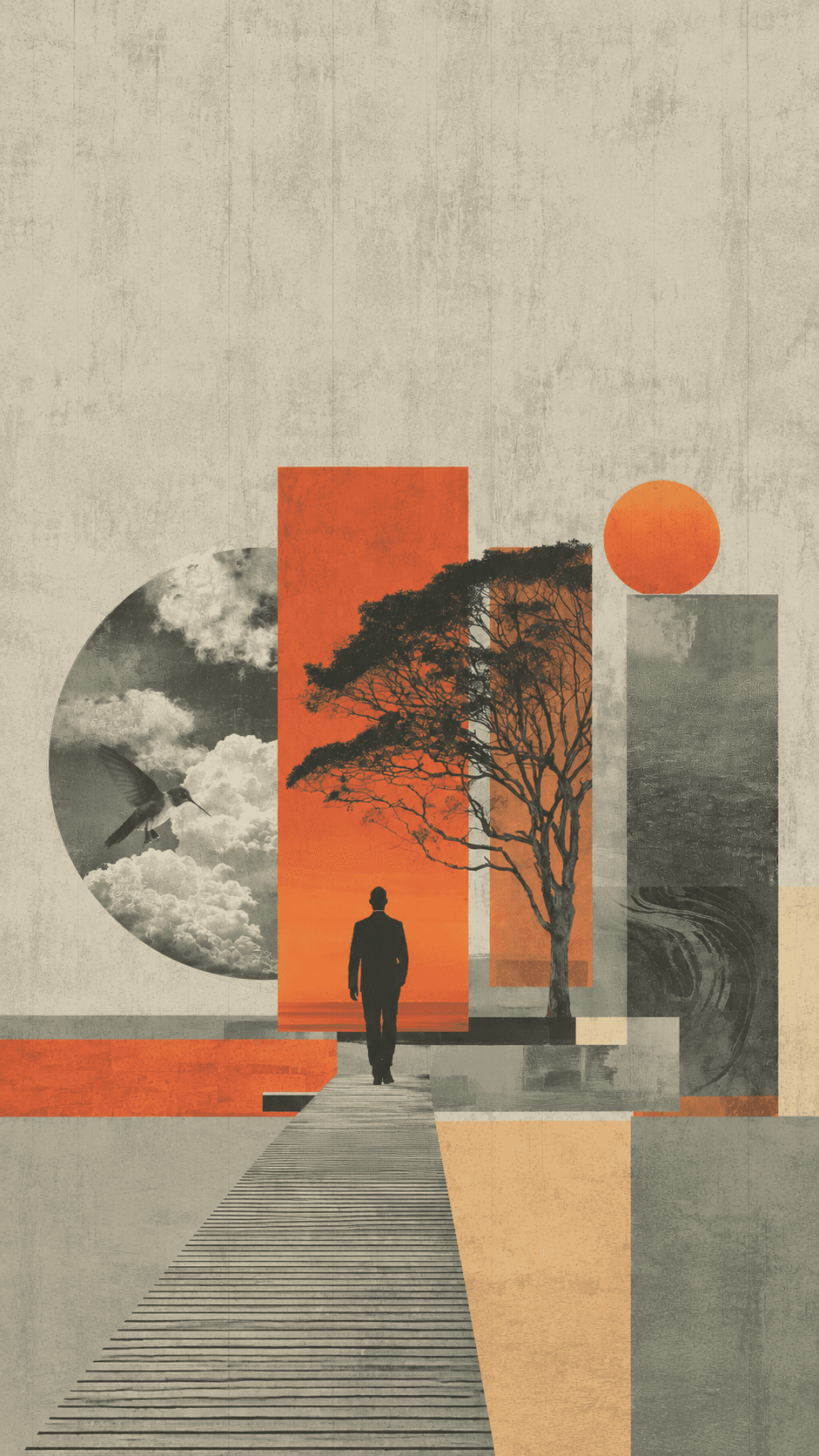 Collage of a figure walking toward the horizon, with clouds, a hummingbird, a tree and an orange sun