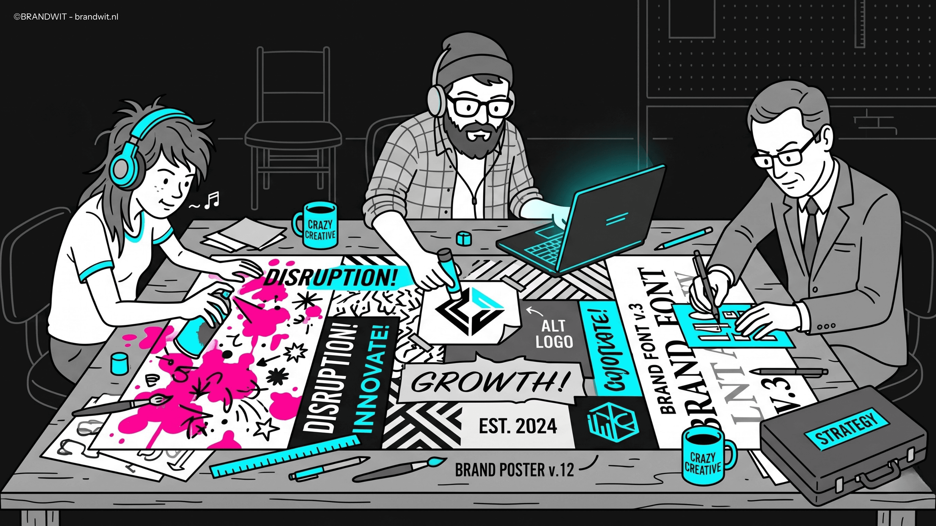 Cartoon die de impact van branding illustreert. Een vrouw verkiest overtuigd een felgekleurde tube tandpasta boven een grijze, terwijl een wetenschapper op de achtergrond een klembord vasthoudt met 'identiek product'. Het bijschrift benadrukt de grap: '74% koos de 'betere' tandpasta. Het was dezelfde tandpasta.