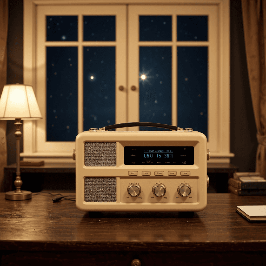product photography of a vintage radio with a foldable design and knobs for tuning