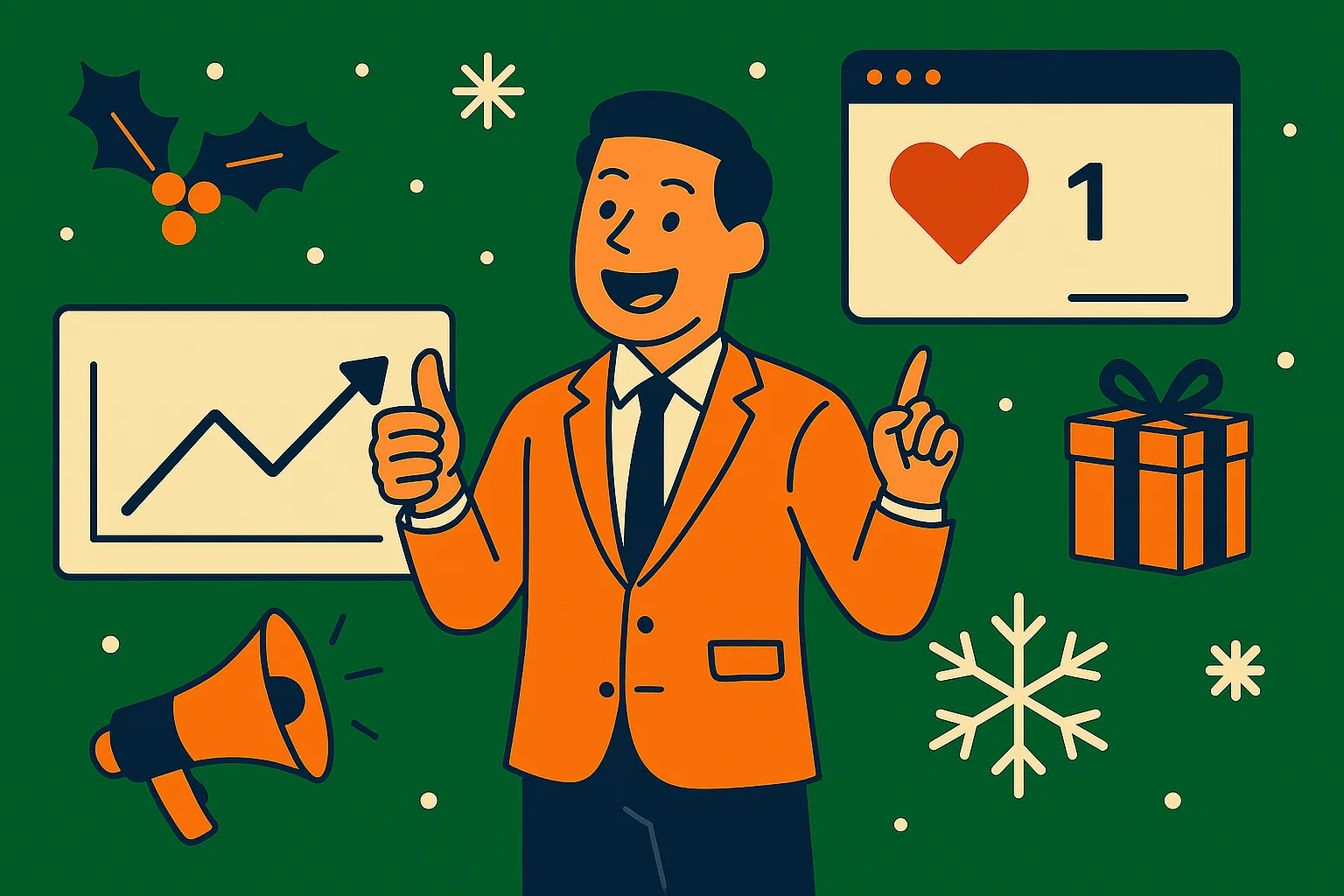 man-in-orange-blazer-smiling-with-thumbs-up-surrounded-by-holiday-icons-a-growth-chart-a-like-notification-a-gift-box-and-a-megaphone