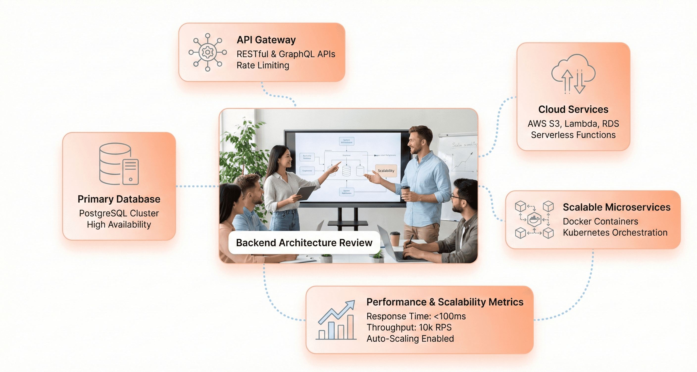 Backend architecture cards for databases, APIs, and cloud services connected together, with engineers reviewing scalable system infrastructure.