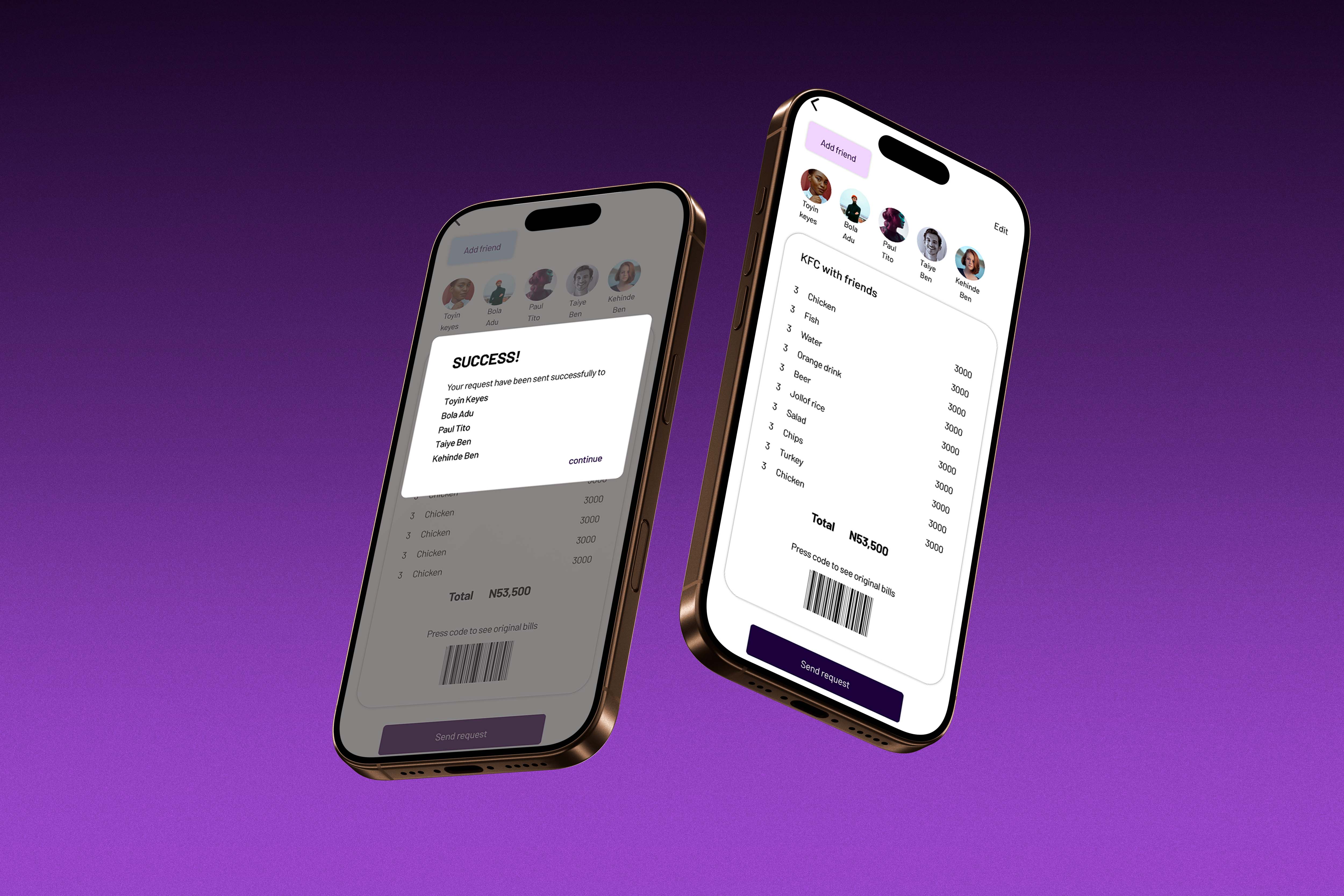 Two modern smartphones display a sleek finance mobile app interface, showcasing a user-friendly design for managing bills with detailed transaction lists, set against a vibrant purple gradient background.