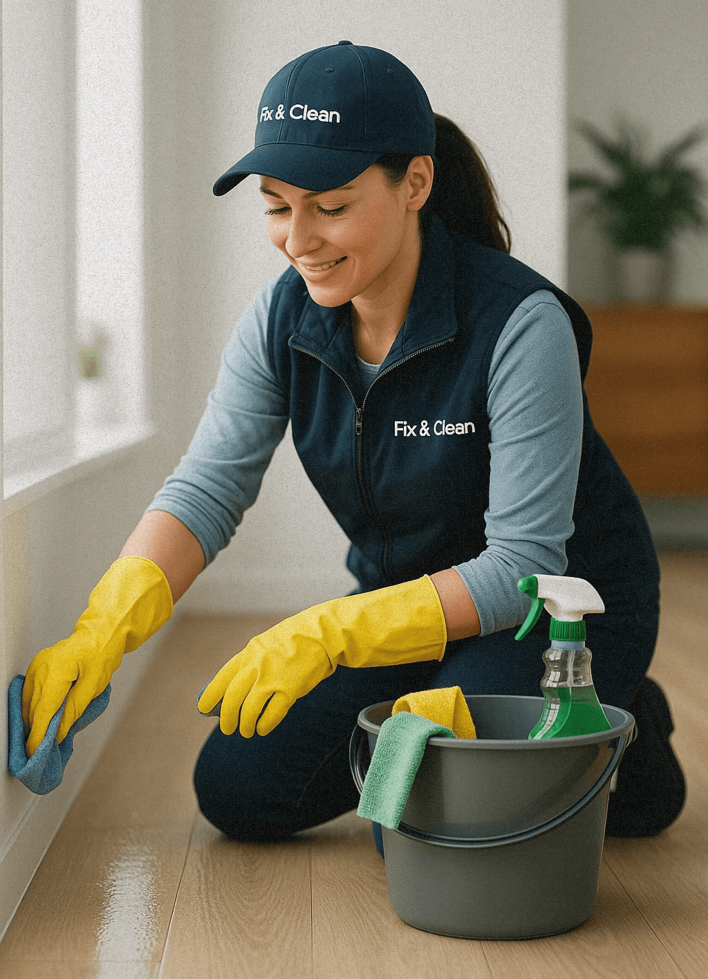 Fix & Clean Mitarbeiterin bei der Grundreinigung – mit Gummihandschuhen, Spray und klarem Fokus auf Sauberkeit