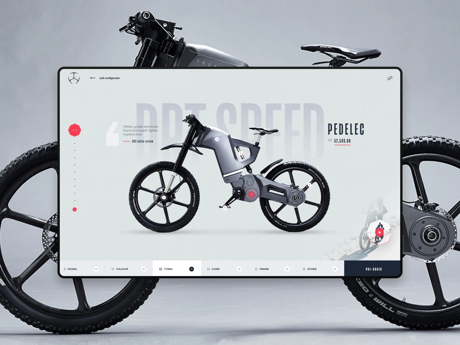 Futuristic gray electric bicycle with thick tires and disc brakes displayed in profile on a pale background, promoting a sleek Pedelec design.