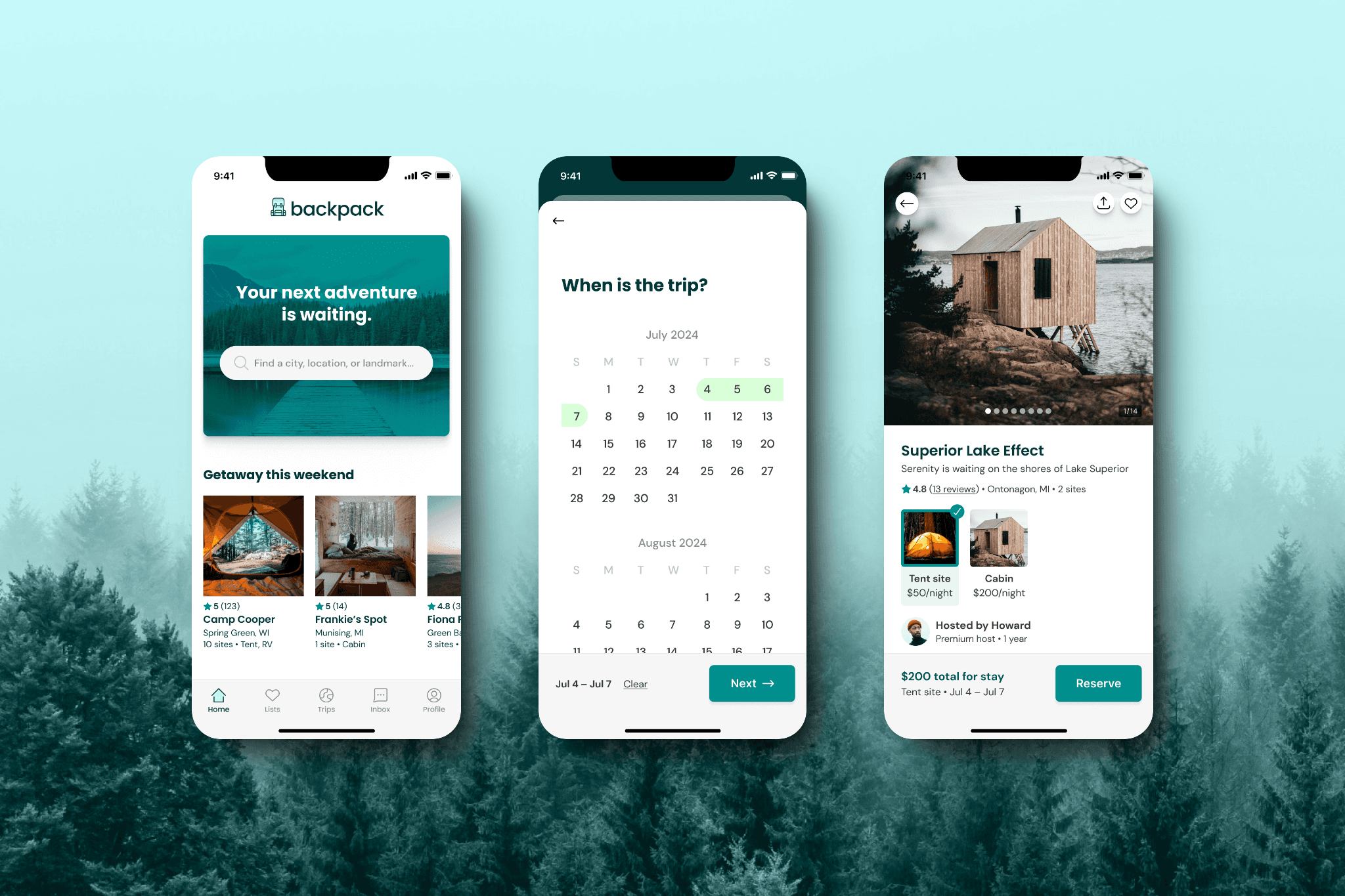 Three vertically aligned smartphone screens showing a travel booking app called "Backpack."