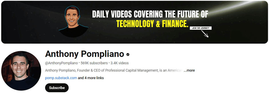 YouTube profile of Anthony Pompliano shows his about, picture, and number of subscribers